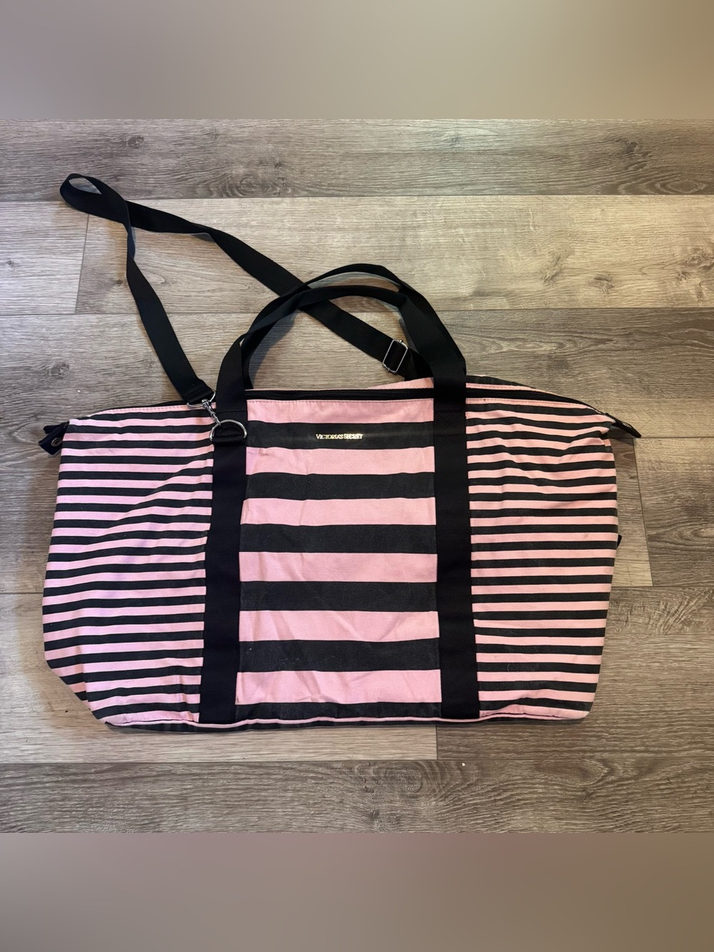 Victoria's Secret Pink and Black Striped Duffle Bag